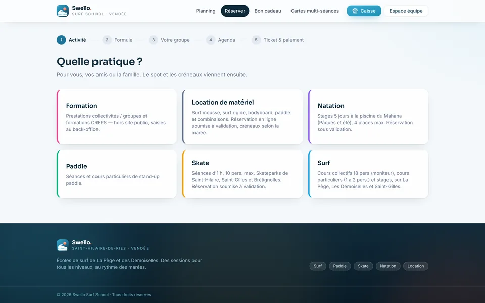 Parcours de réservation en ligne : choix de l'activité et des créneaux
