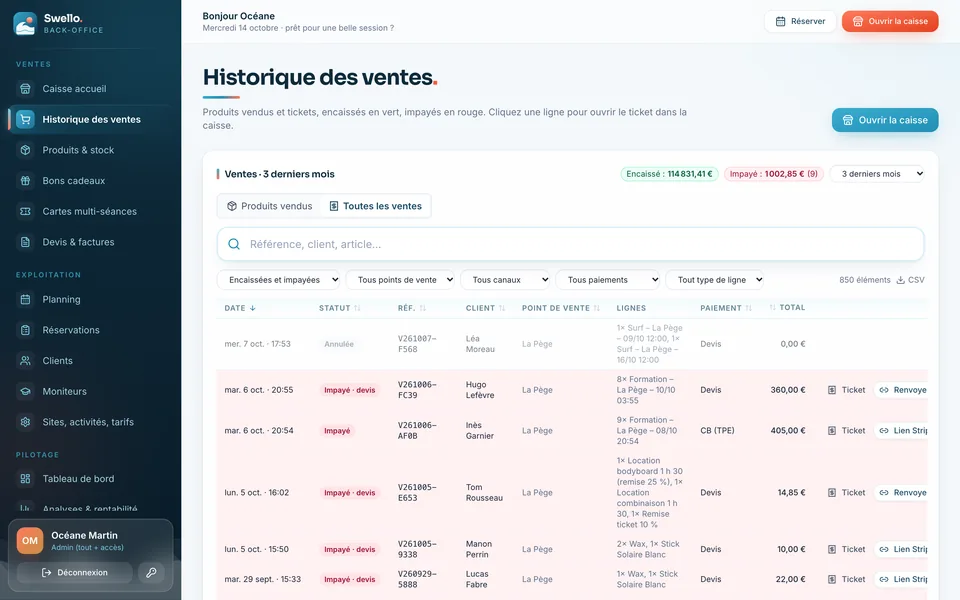 Historique des ventes avec ventes payées en vert et impayées en rouge